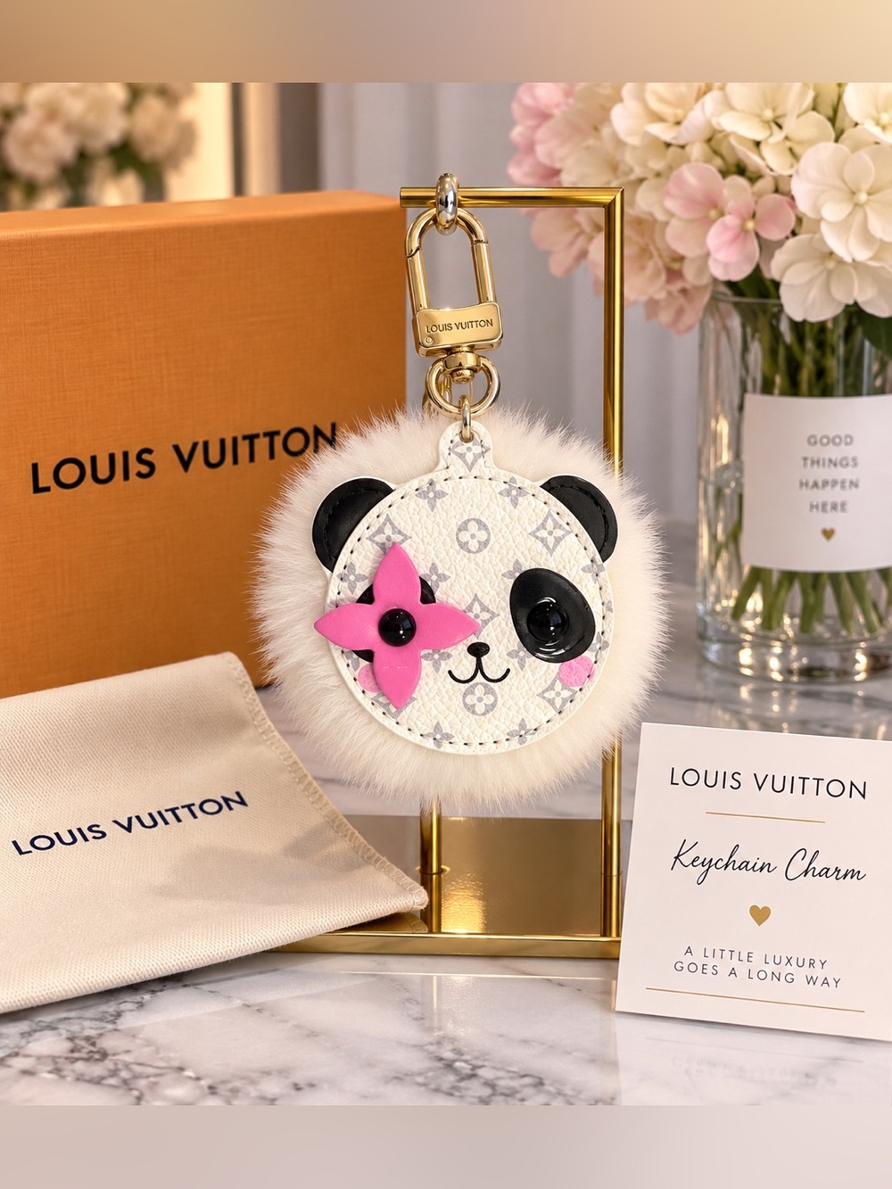 White Panda Faux Fur Keychain Bag Charm with Pink Flower Accent